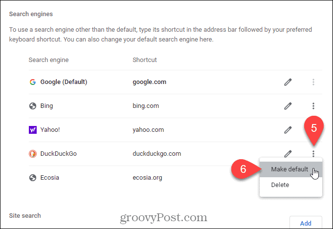 Pārlūka Chrome lapā Jauna cilne atlasiet Iestatīt noklusēto meklētājprogrammai, kuru vēlaties iestatīt kā noklusējumu