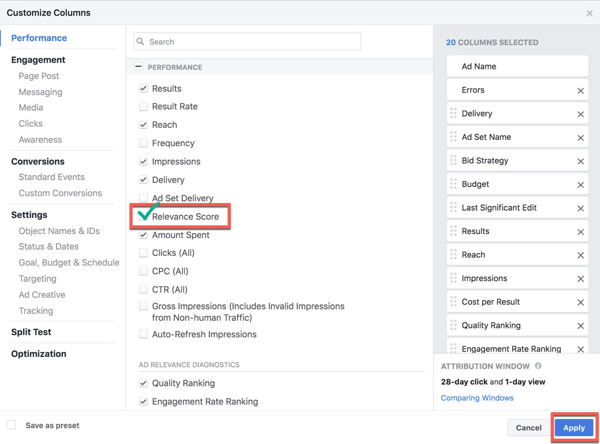 Pievienojiet atbilstības rādītāju savām Facebook Ads Manager pārskatu slejām.