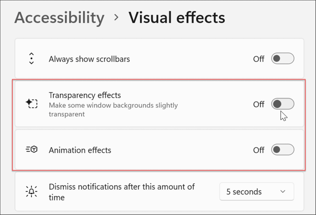pieejamības vizuālo efektu Windows 11 iestatījumi