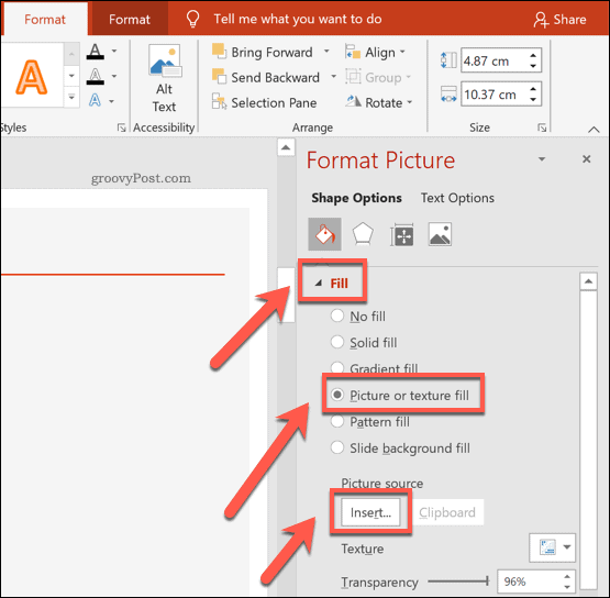 Attēla ievietošana formā programmā PowerPoint