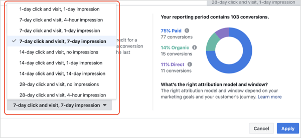 Attiecinājuma loga nolaižamais saraksts Facebook attiecinājuma rīkā