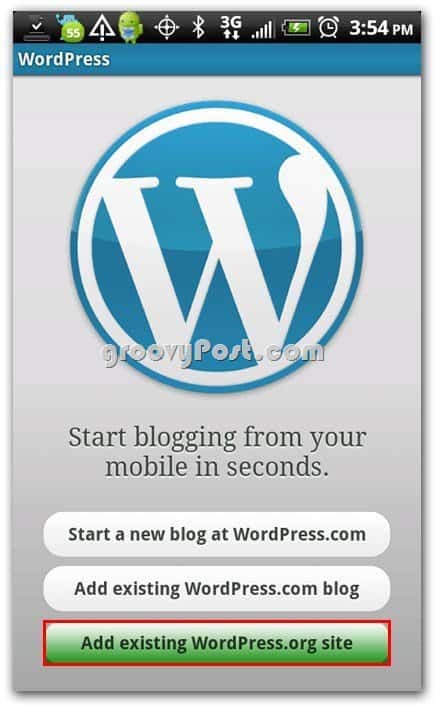 Wordpress Android iestatīšanas izvēlnē - pievienojiet esošo Web vietu