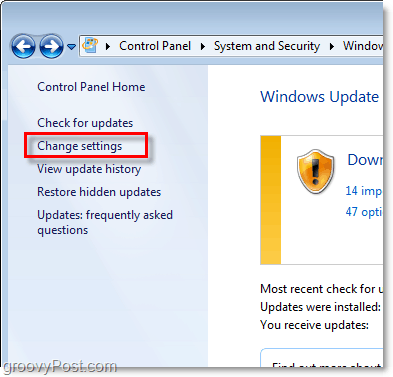 Windows 7 - Windows atjaunināšanas konfigurācijas saites ekrānuzņēmums