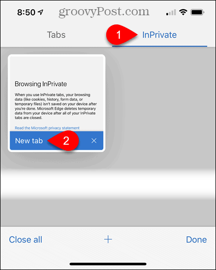 Pieskarieties InPrivate, pēc tam pieskarieties Jauna cilne Edge operētājsistēmai iOS