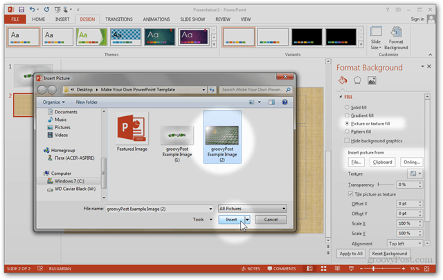 Office 2013 veidne Izveidot Pielāgota dizaina izveidošanu POTX Slaidu slaidu pielāgošana Apmācība Kā formatēt fonu Pielāgota attēla attēla importēšana