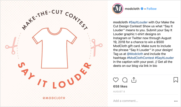 ModCloth lūdza Instagram lietotājus dalīties ar saviem dizainparaugiem oriģinālos ierakstos un piedāvāja dāsnu stimulu (proporcionāli uzdevumam): iespēju laimēt dāvanu karti 500 ASV dolāru vērtībā.