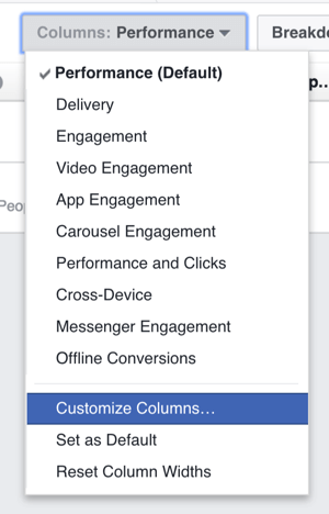 Jūs varat pielāgot slejas, kas parādītas jūsu Facebook reklāmas rezultātu tabulā.