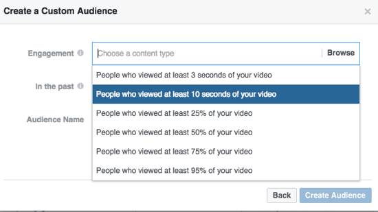 Sašauriniet savu pielāgoto Facebook auditoriju pēc noskatīto videoklipu procentuālās daļas.