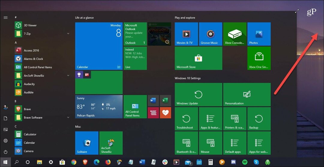 mainīt Windows 10 sākuma izvēlnes izmēru