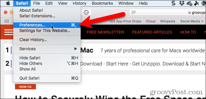 Safari for Mac dodieties uz Safari> Preferences