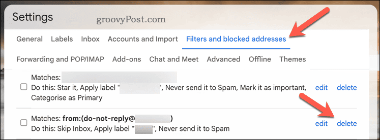 Poga Dzēst filtru pakalpojumā Gmail