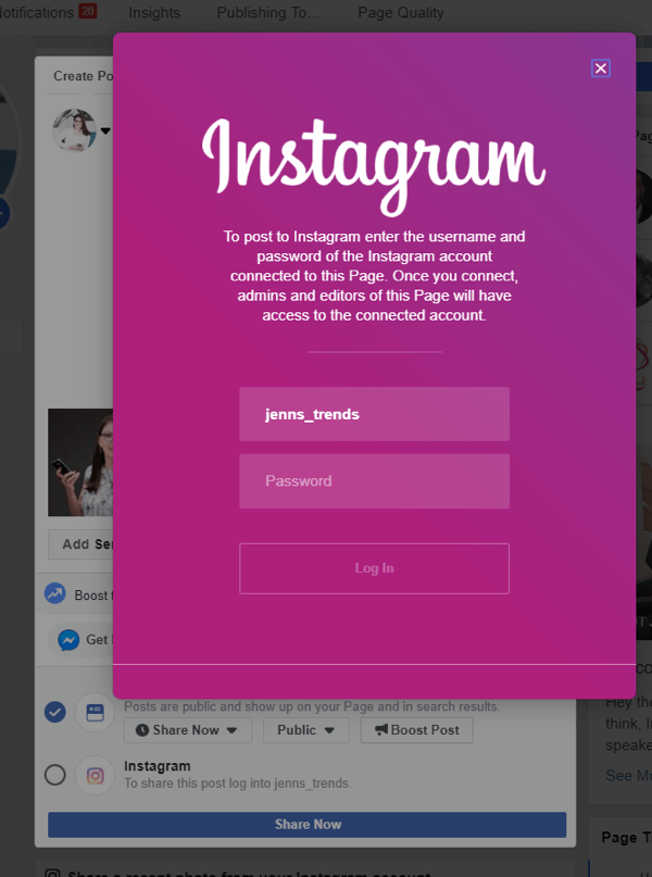 Kā pāriet uz Instagram no Facebook darbvirsmā, 4. solis, piesakieties Instagram