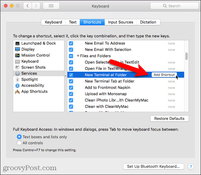 Noklikšķiniet uz Pievienot saīsni jaunajam terminālim pakalpojumā Mape operētājsistēmā Mac