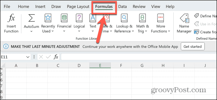 Excel formulu izvēlne