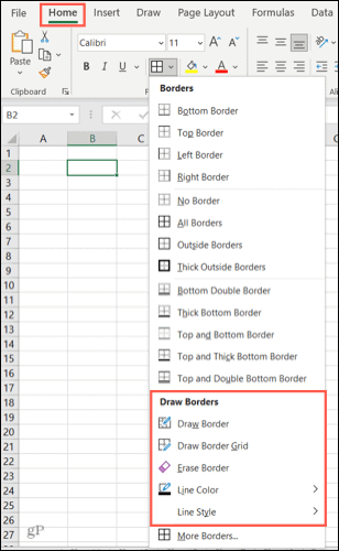 Robežu iespējas programmā Excel