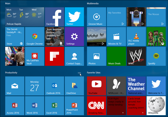 Windows 10 flīžu grupas sākuma izvēlne ir liela
