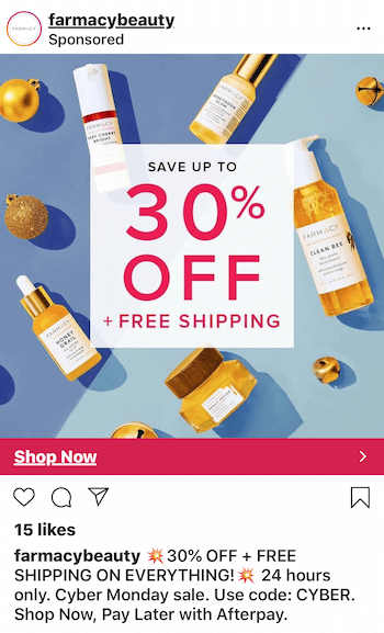 Instagram reklāmas piemērs ar atlaižu kupona kodu