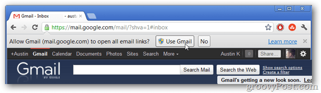 kā noklusējuma e-pasta saišu apstrādātāju izmantojiet gmail