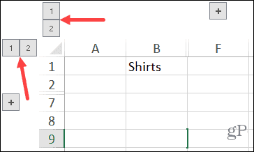 Grupētas kolonnu un rindu ciparu pogas programmā Excel programmā Windows