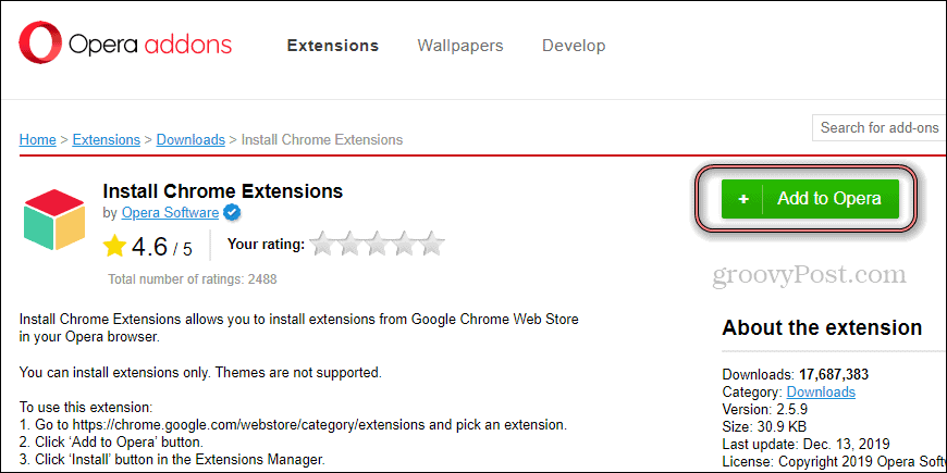 Opera Install Chrome paplašinājuma instalēšana