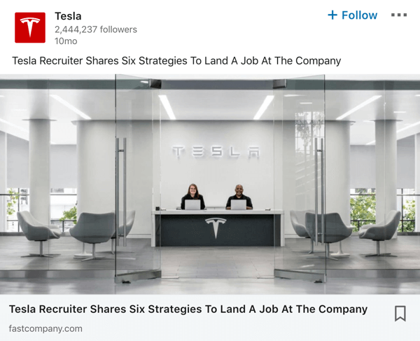 Tesla LinkedIn uzņēmuma lapas ziņas piemērs.