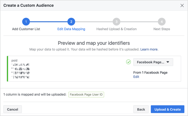 Kad importējat Messenger robotu abonentu sarakstu, lai izveidotu pielāgotu auditoriju, Facebook kartē savu Facebook lietotāja ID numuru, kas ir saistīts ar viņu profilu.