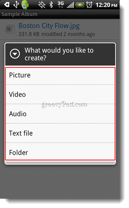 Android Dropbox izveides izvēlne