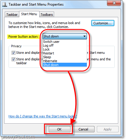 mainiet sākuma izvēlnes barošanas pogas darbību operētājsistēmā Windows 7