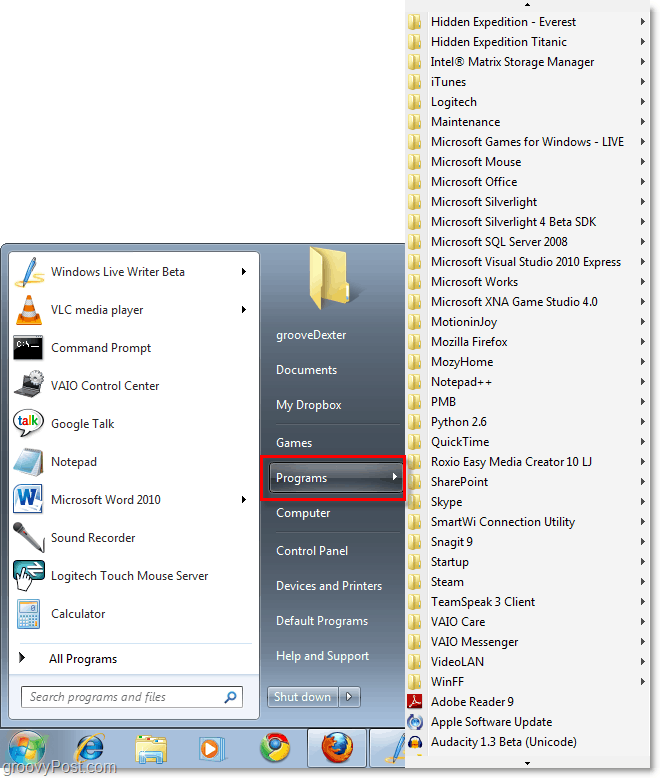 Pievienojiet Windows 7 klasiskā XP stila izvēlni “Visas programmas”