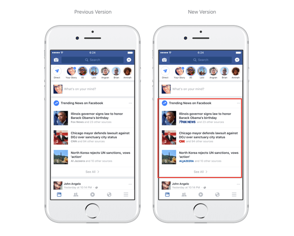 Facebook tagad piedāvā izdevēju logotipus sadaļā Tendences un meklēšanu.