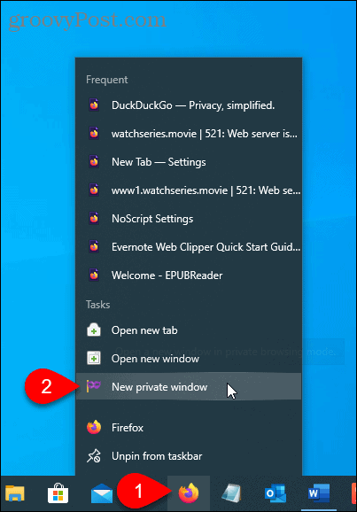 Uzdevumjoslā atlasiet Jauns privāts logs Firefox