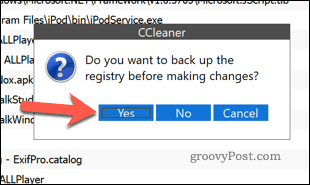 Windows reģistra dublēšana, izmantojot CCleaner