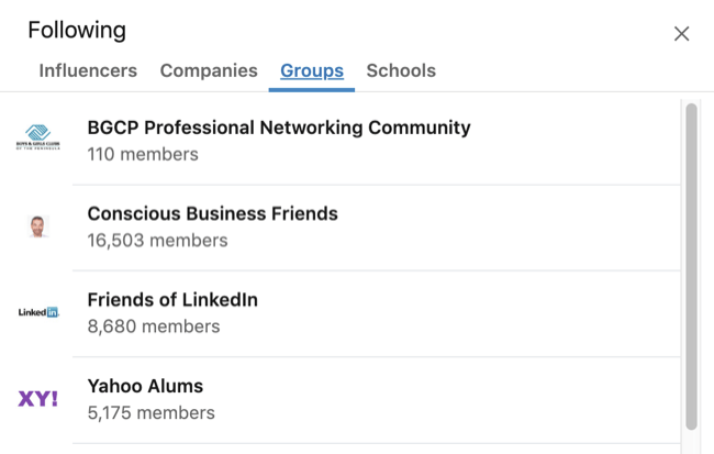 LinkedIn profila izvērstā interešu lodziņš ar atlasītu cilni Grupa