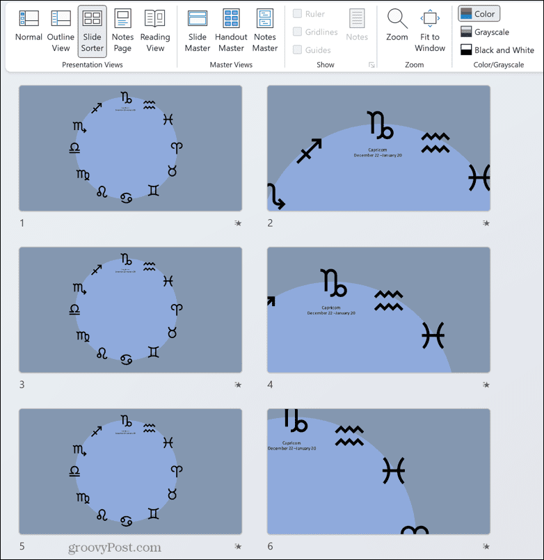 Powerpoint slaidu šķirotāja skats