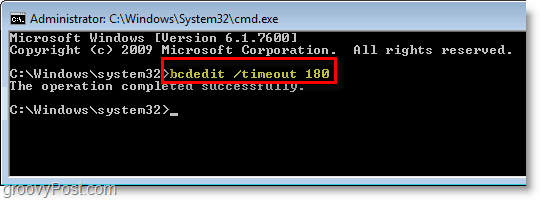 Windows 7 ekrānuzņēmums - cmd ievadiet bcdedit / timeout 180