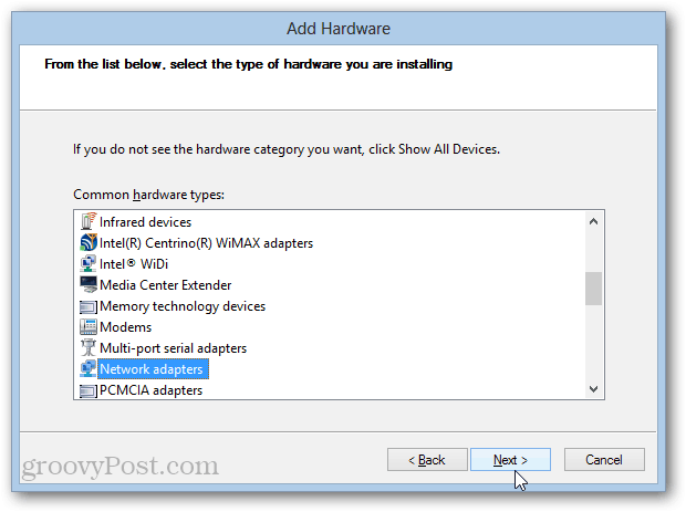 atgriezeniskā adaptera instalēšana Windows 8