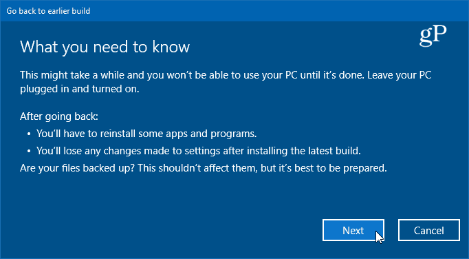 informācija par atgriešanos uz iepriekšējo Windows 10 versiju