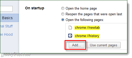 Chrome startēšana Pievienojiet lapas, lai atvērtu