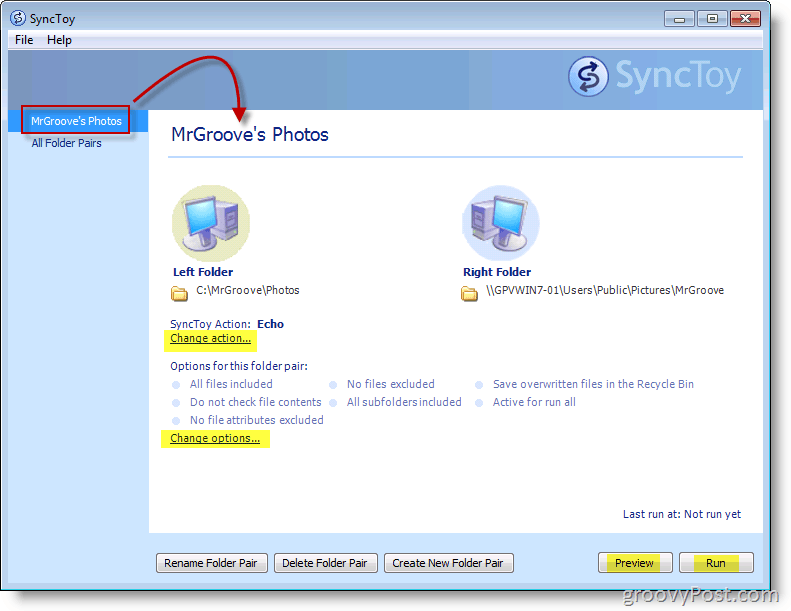 Microsoft SyncToy galvenās izvēlnes ekrānuzņēmums