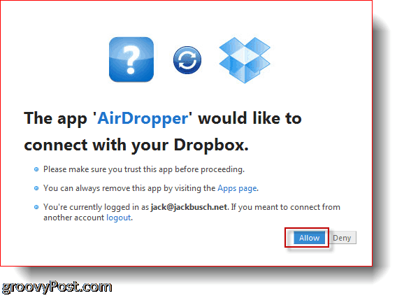 AirDropper Dropbox - pievienojiet lietotni Dropbox