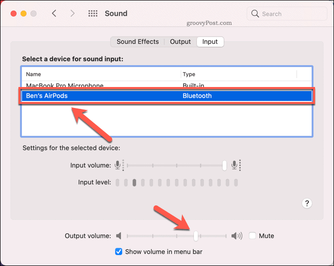 AirPods iestatīšana kā ievades skaņas ierīce Mac datorā