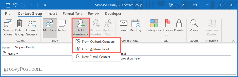 Pievienojiet dalībniekus jaunai kontaktpersonu grupai programmā Outlook