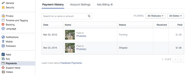 klienti skatās pasūtījumus facebook iestatījumu sadaļā Maksājumi