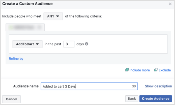 Izvēlieties opcijas, lai izveidotu Facebook pielāgotu auditoriju, pamatojoties uz AddToCart notikumu