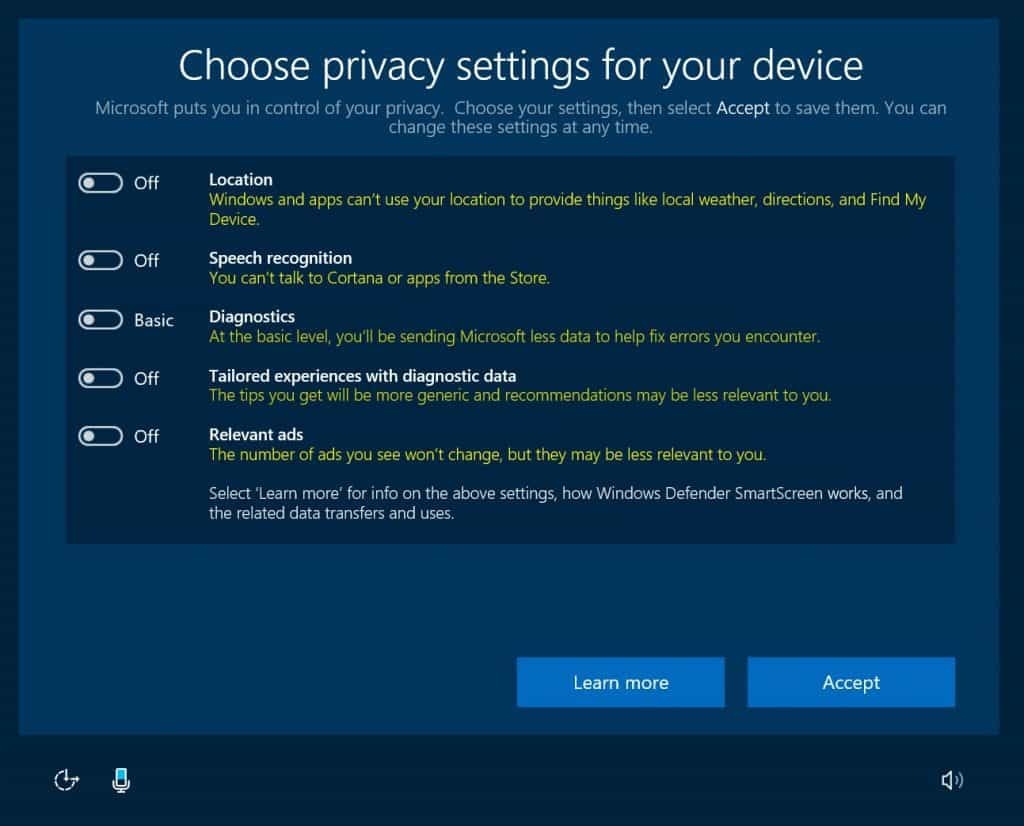 Windows 10, privātums, veidotāju atjauninājums, OOBE
