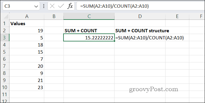 SUMCOUNT vidējais rezultāts programmā Excel