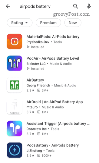 Trešo pušu AirPods statusa lietotņu saraksts Google Play veikalā