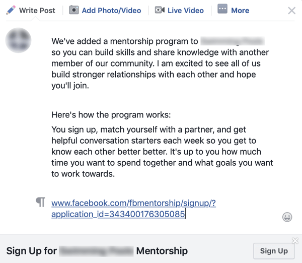 Kā uzlabot savu Facebook grupas kopienu, grupas paziņojuma piemērs Facebook mentoringa programmai
