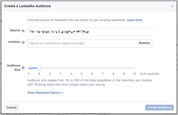 Iestatiet Facebook līdzīgu auditorijas lielumu. Jūs varat kontrolēt izmēru, izmantojot slīdni, kas parādās, veidojot auditoriju.