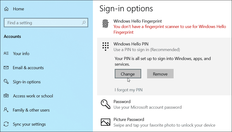 mainīt pievienot PIN Windows 10